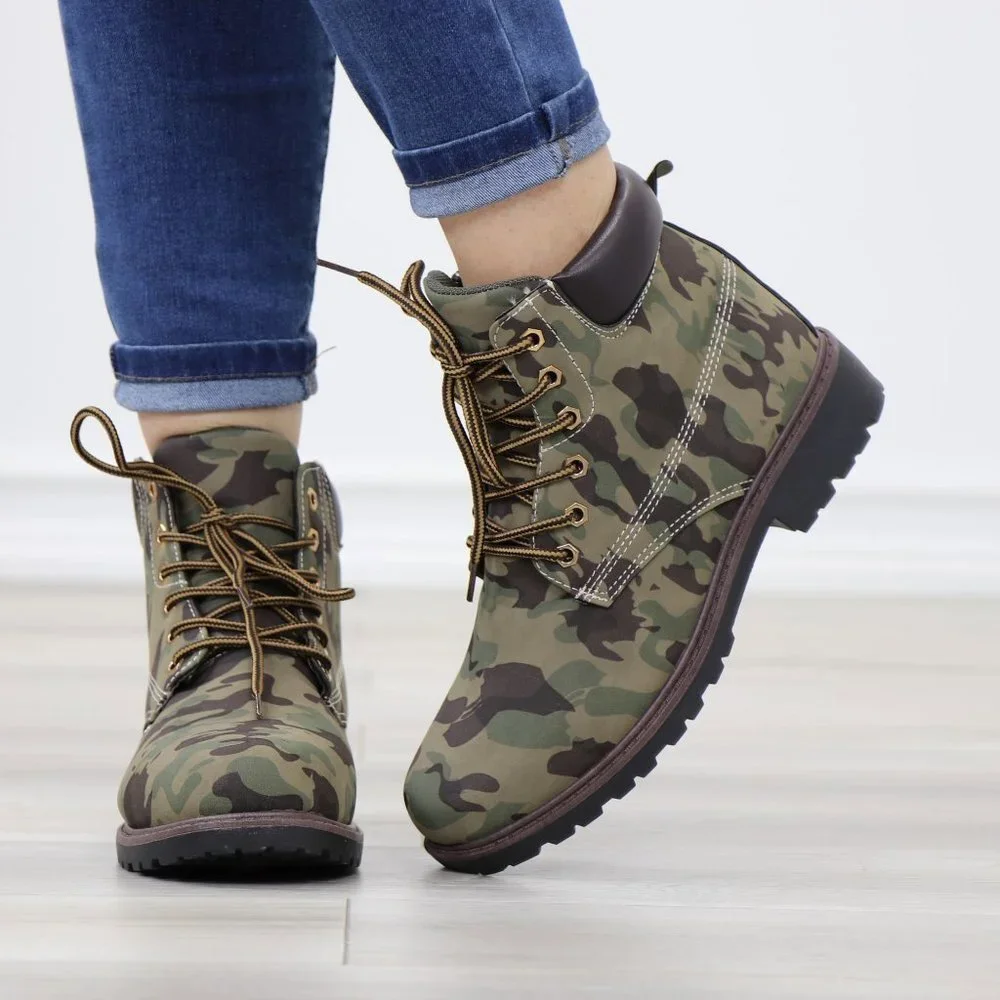 Women's Camouflage Combat Lace-up Ankle Boots Low Heel Casual Short Booties - Picture 11 of 15